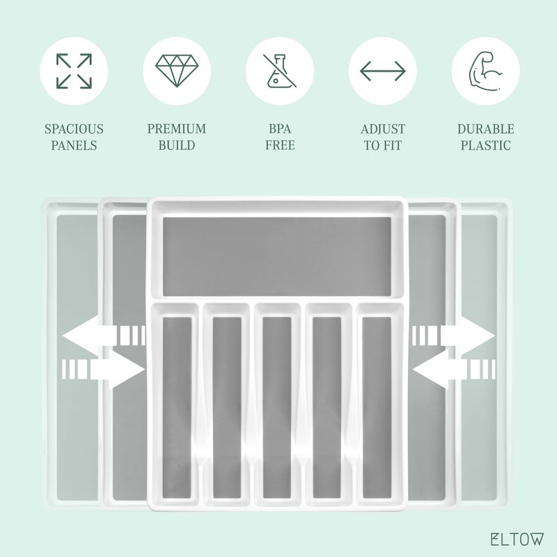 ELTOW Large Expandable Silverware Drawer Organizer, 8 Compartment Non-Slip & Adjustable Silverware Organizer for Drawer, Kitchen Organization for Utensils, Cutlery, Silverware Tray (White) - Image 3